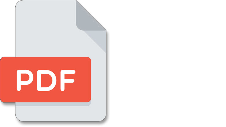 Symbol of a PDF document with a red PDF label on a white background.