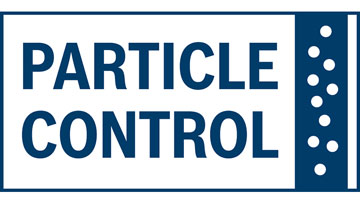 White sign with blue text "PARTICLE CONTROL" and dots on the right.