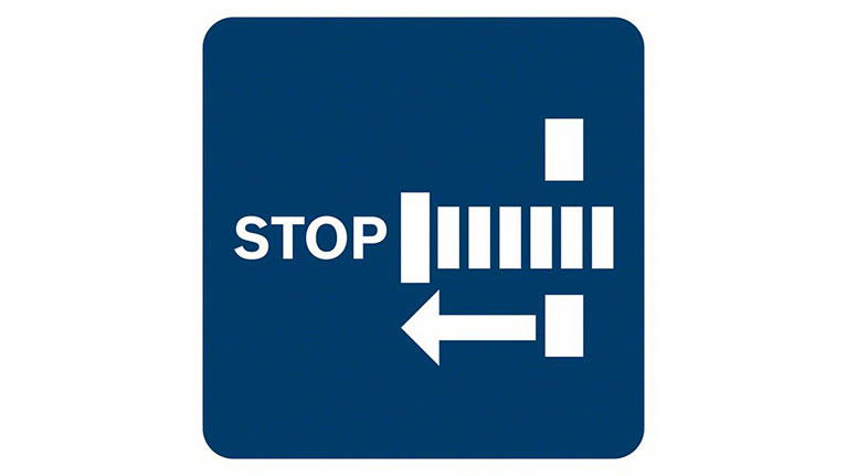 A blue stop sign with white symbols and text on a light background.