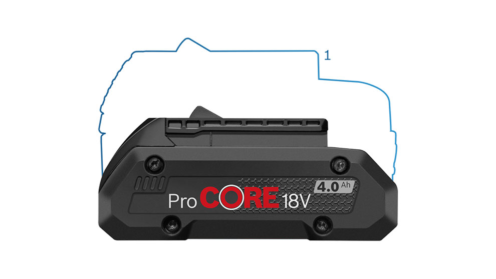 Black Bosch ProCORE 18V 4.0 Ah battery from above.