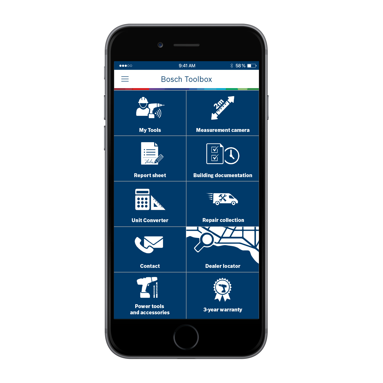 Smartphone shows the Bosch Toolbox app with various features.
