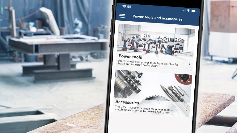 A smartphone displays Bosch Professional tools in a workshop.