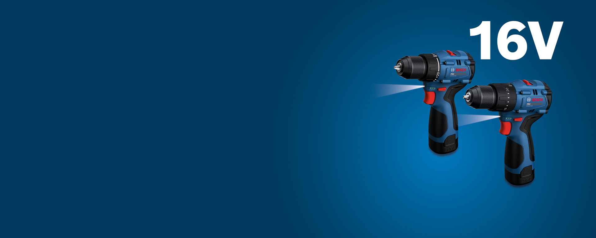Two blue Bosch Professional 16V screwdrivers float against a blue background. The focus is on the tools.