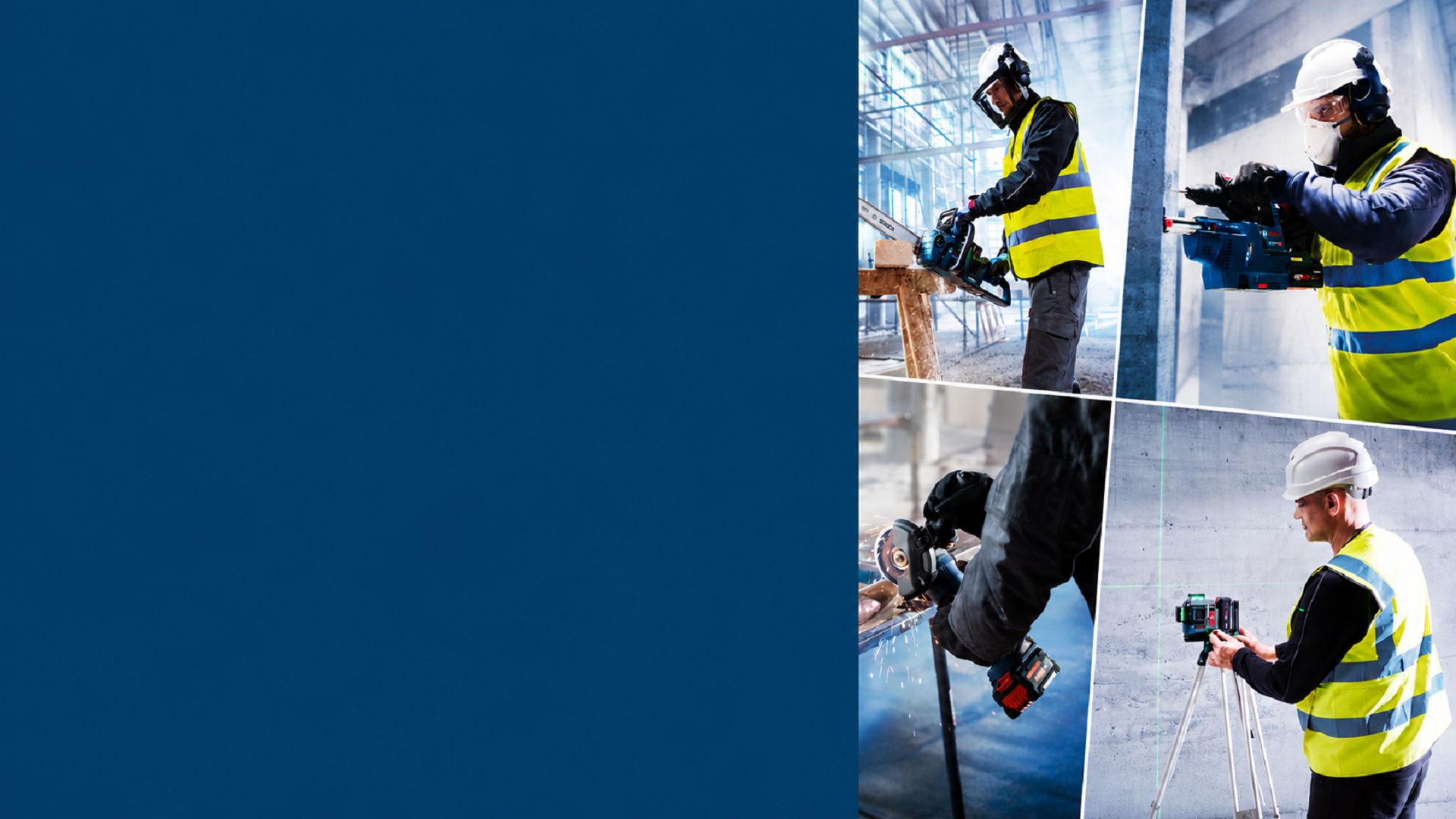 Four workers in yellow safety vests are working with Bosch Professional tools at a construction site. In the upper left corner, a man with a circular saw, next to a colleague with a drill. In the lower left corner, a worker with a grinding machine, to the right a man with a measuring device. The environment is bright and industrial, with visible construction materials.