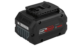 A black Bosch Professional battery lies on a white background.