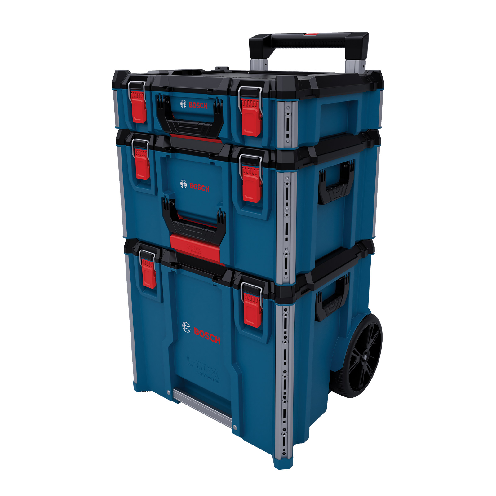 Three stackable toolboxes in blue with red handles and wheels, sturdy and practical.