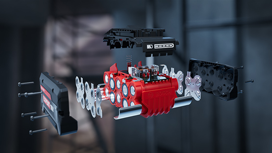 A red, disassembled Bosch Professional motor model with parts arranged.