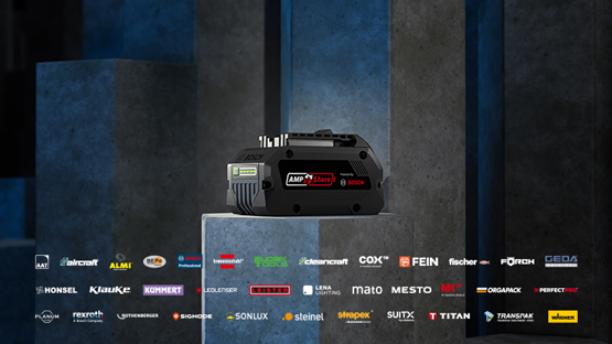 A Bosch Professional battery on a gray block, brand logos in the background.