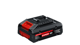 A black Bosch Expert 18V battery with red detail on a white background.