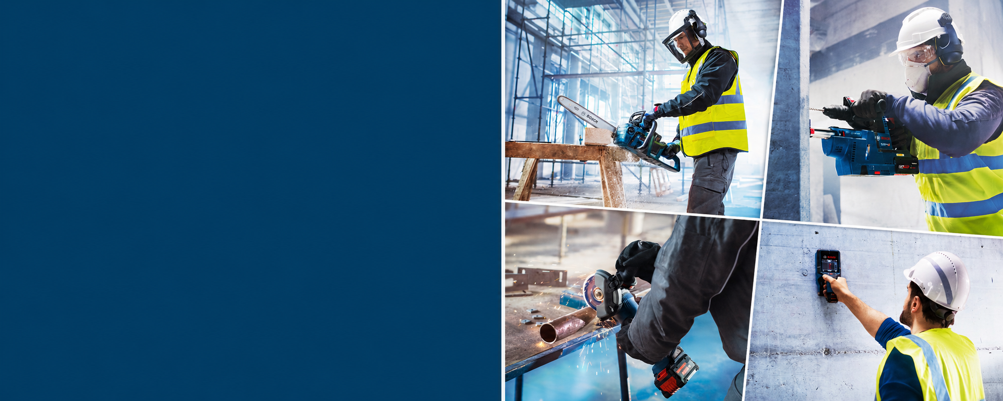 Three workers in yellow safety vests are using Bosch Professional tools at a construction site. In the upper left, one worker is cutting wood with a machine on a bench, while another worker in the lower left is working on a pipe. To the right, a third worker stands with a measuring device against a wall.