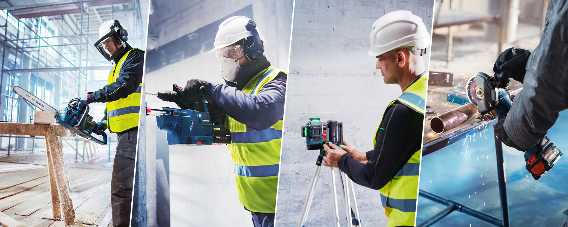 Four images show workers with Bosch Professional tools: a chainsaw user, a laser, an angle grinder, and a person wearing a helmet and protective clothing. The environment is a construction site with wood and metal.