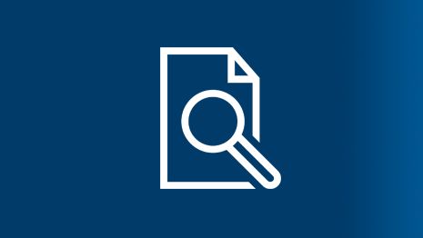Symbol of a magnifying glass over a document on a blue background.